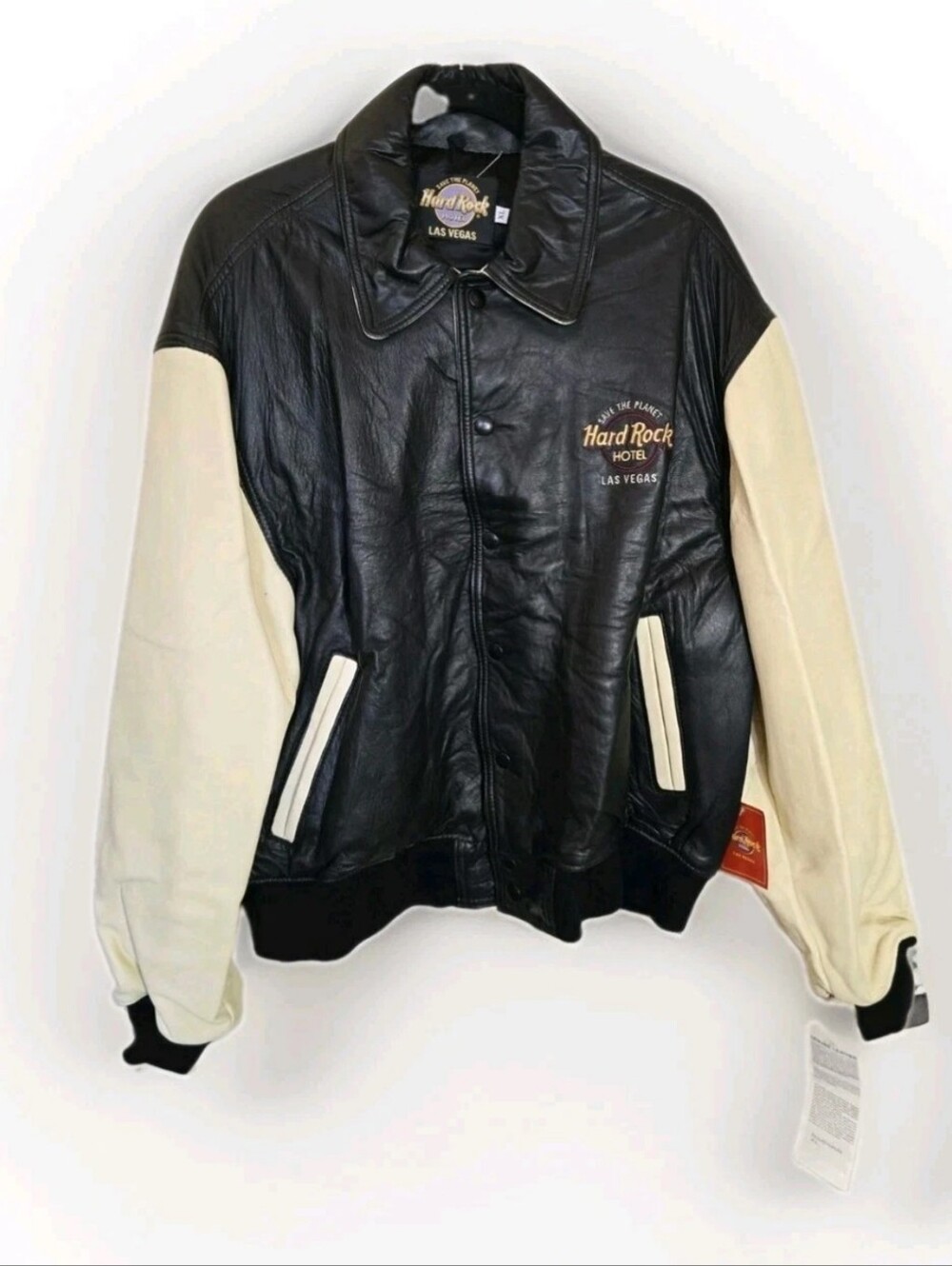 Hard Rock Hotel Las Vegas Black and Cream Leather Bomber Jacket Size XL